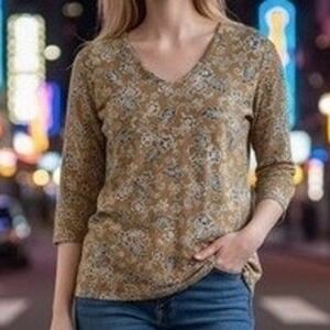 ✨J Jill Wearever‎ Collection Womens Small Tan Floral Print V-Neck 3/4 Sleeve Top